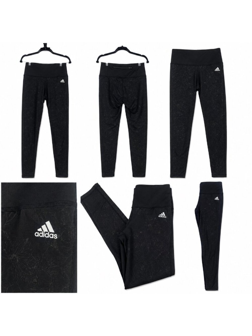 Adidas Yoga Leggings Medium Black Tonal Floral High Rise Zipper Pocket Athletic